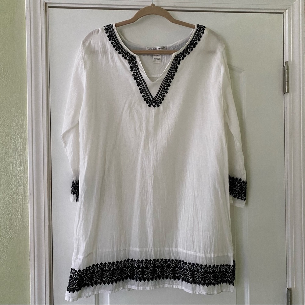 White Long Sleeve Swim Coverup w/ Black Embroidery
